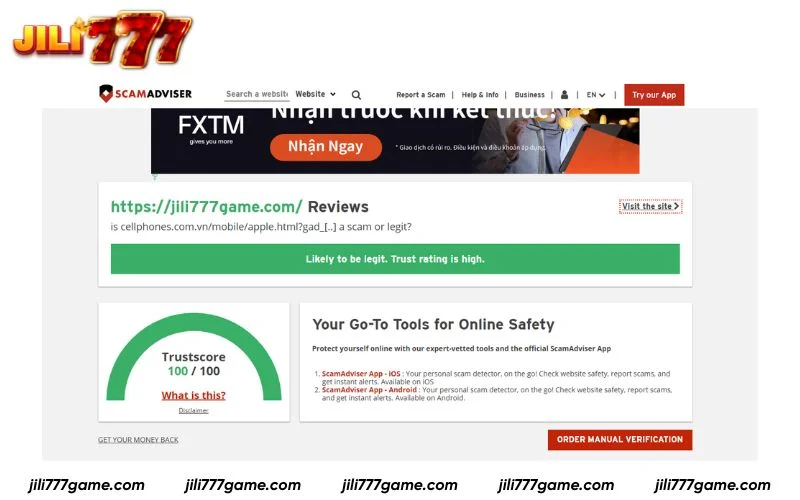Jili777 rated 100 trust score on ScamAdviser