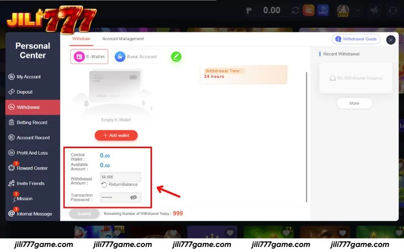 Input amount and submit request