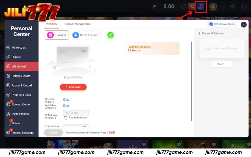 Open the Jili777 withdrawal interface