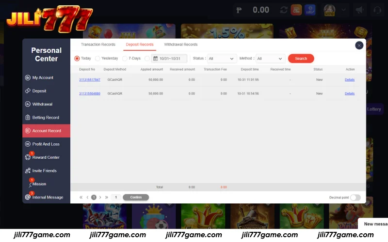 Review your Jili777 deposit activity in Account Record