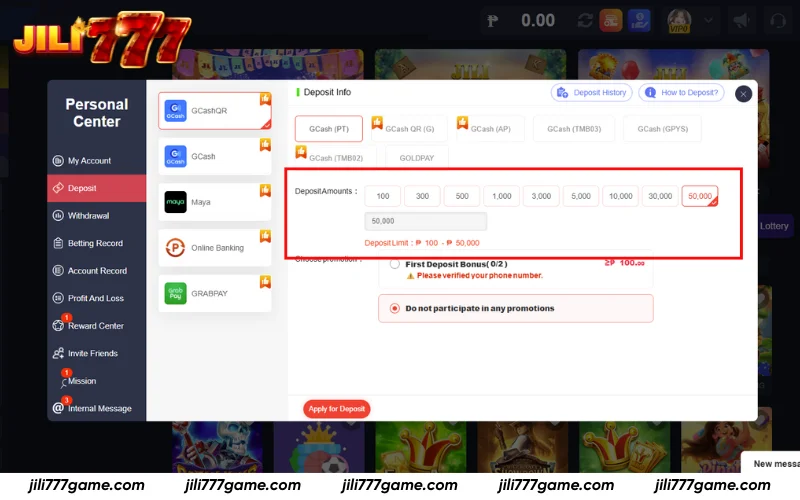 Select or type your deposit amount