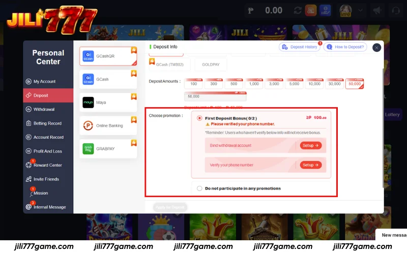 Select the First Deposit Bonus before confirming