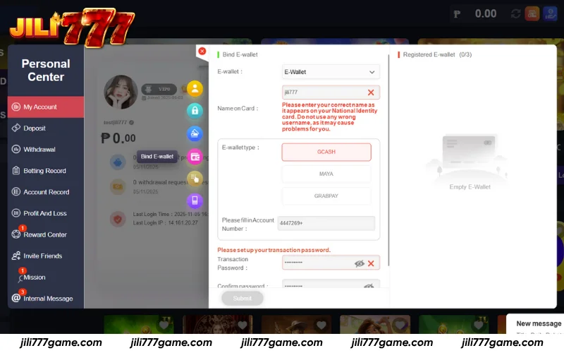 Choose wallet, add info, set transaction PIN, Submit