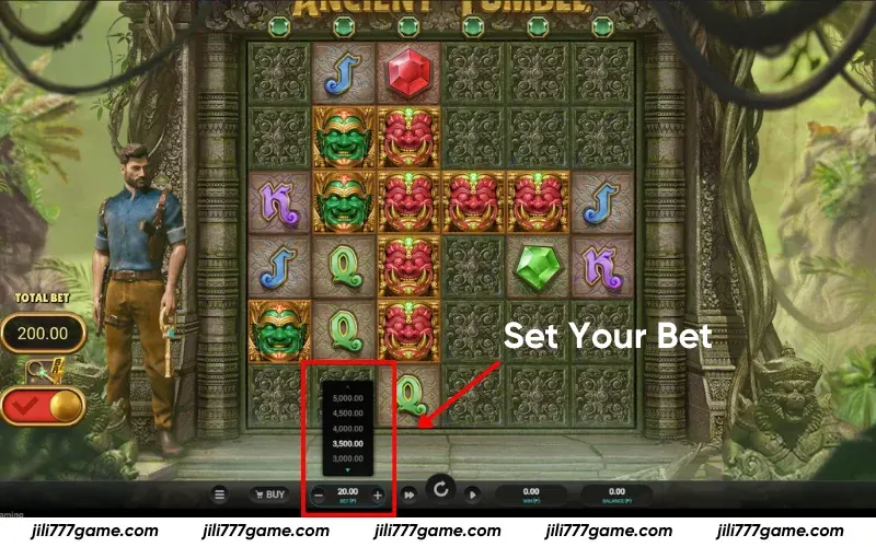 Ancient Tumble How to Play - Adjust bet size and begin the spin sequence.