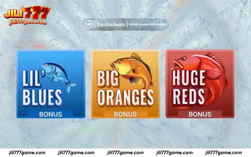 Ice Fishing bonus rounds with Lil Blues, Big Oranges and Huge Reds