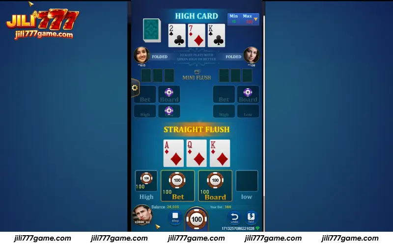 Player cards are revealed while banker stays hidden