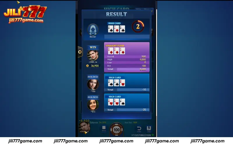 Final result comparing player and banker hands