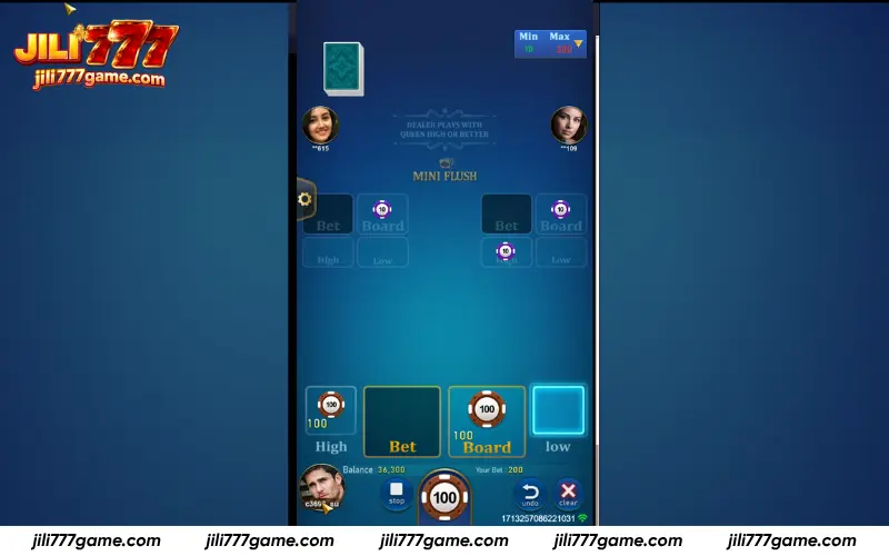 Core betting setup including BOARD, BET and side options
